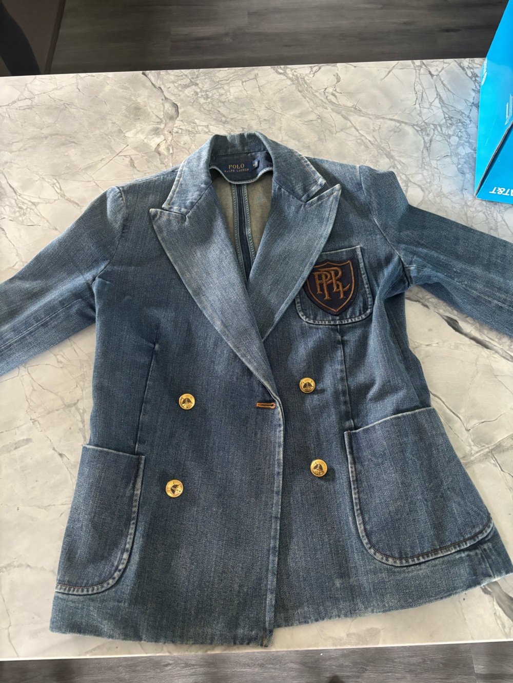Polo Ralph Lauren Denim Crest Blazer Jacket Double Breasted Patch Size 10
